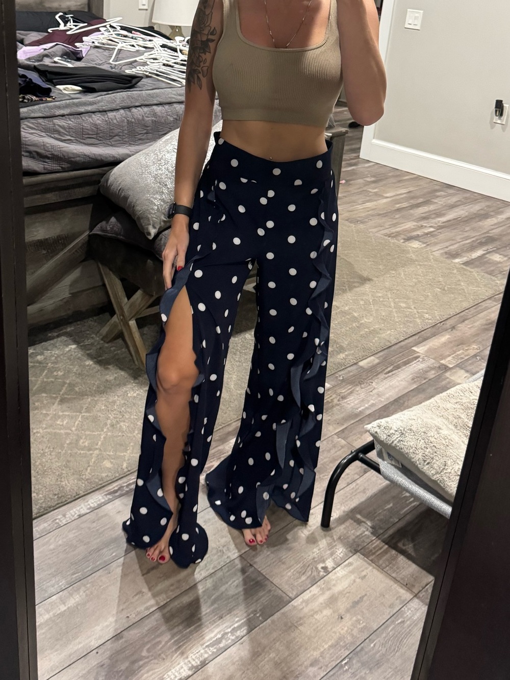 New York & Company Navy Polka Dot Wide-Leg Split Pants